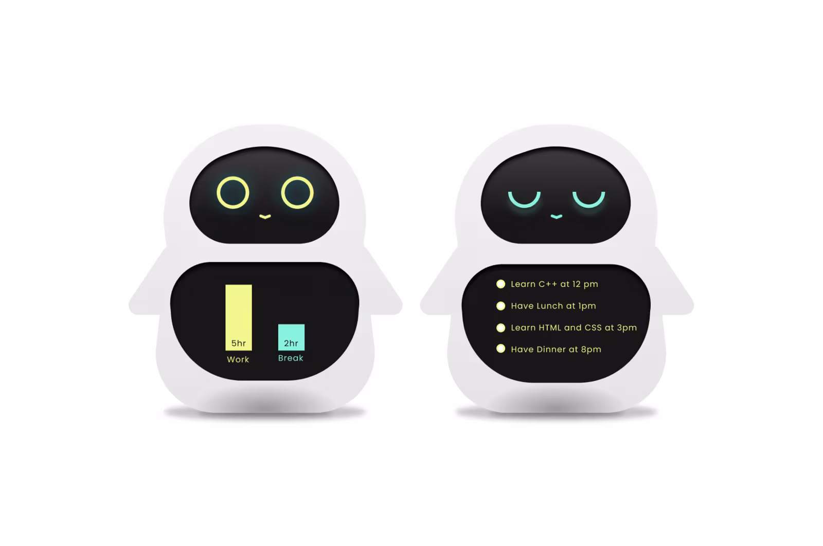 Two rendered penguin-shaped robot characters, one showing a work-and-break bar chart on its belly screen, the other a timed to-do list.