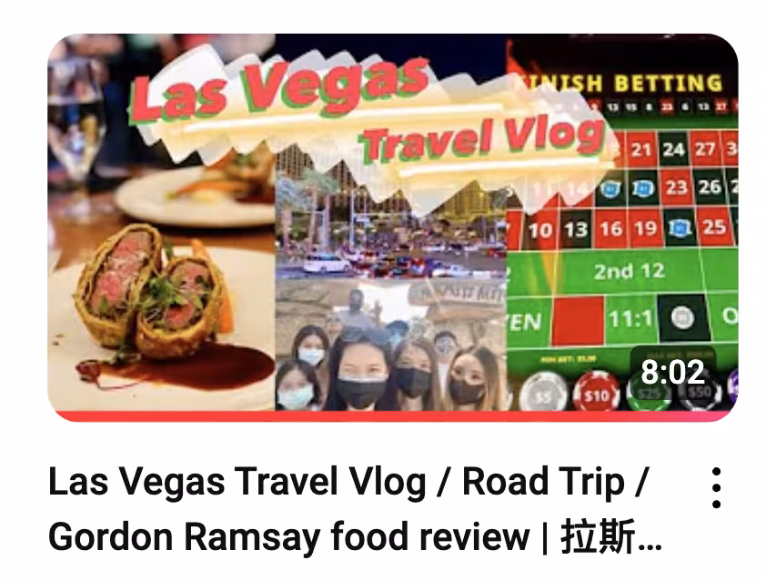Thumbnail of a Las Vegas travel vlog: a plated beef dish, the Strip, friends posing and a roulette table.