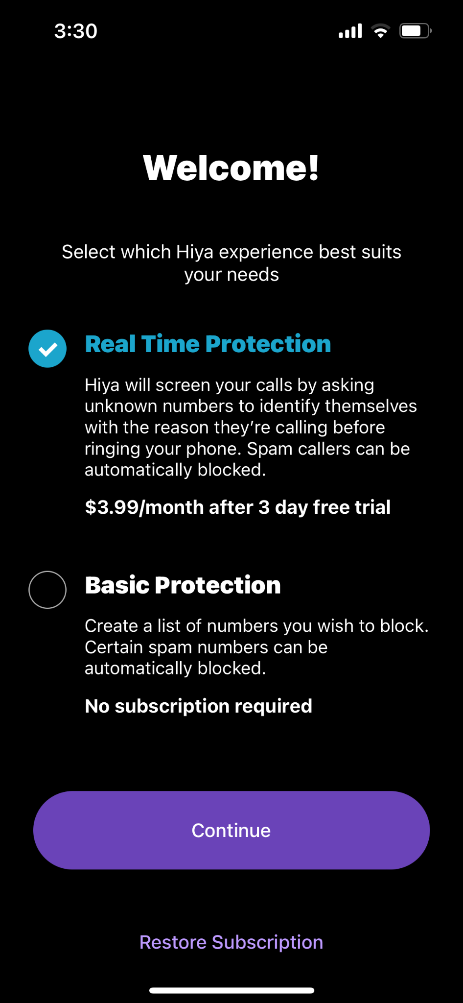Hiya “Welcome!” plan-selection screen offering Real Time Protection at $3.99/month after a 3-day free trial, or Basic Protection with no subscription
