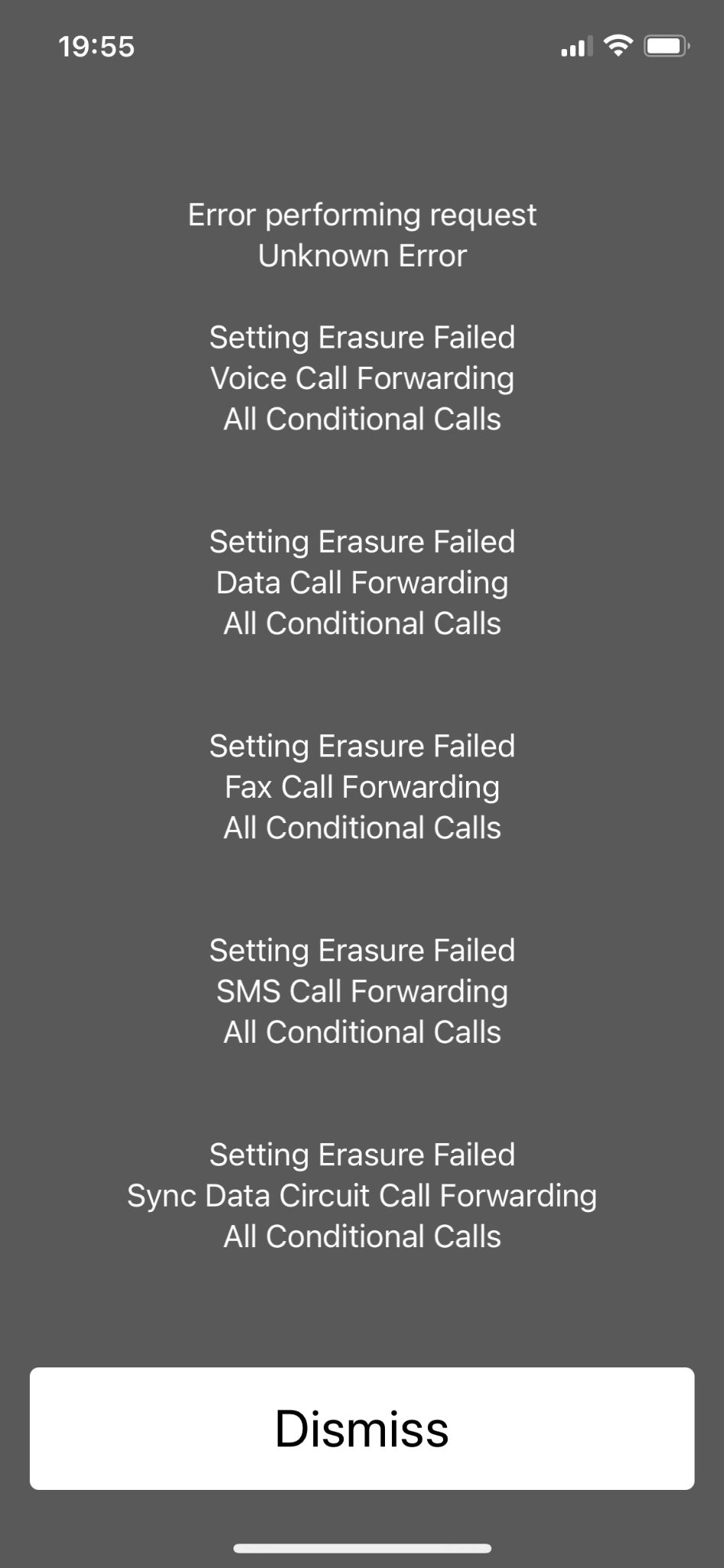 iOS system error dialog shown during onboarding: “Error performing request, Unknown Error”, followed by a list of “Setting Erasure Failed” messages for voice, data, fax, SMS and sync data call forwarding