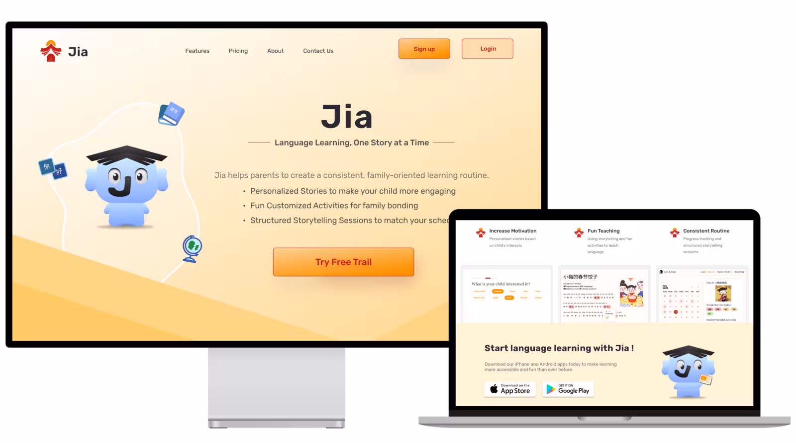 The Jia marketing site on a desktop monitor and a laptop, showing the mascot hero and the product cards