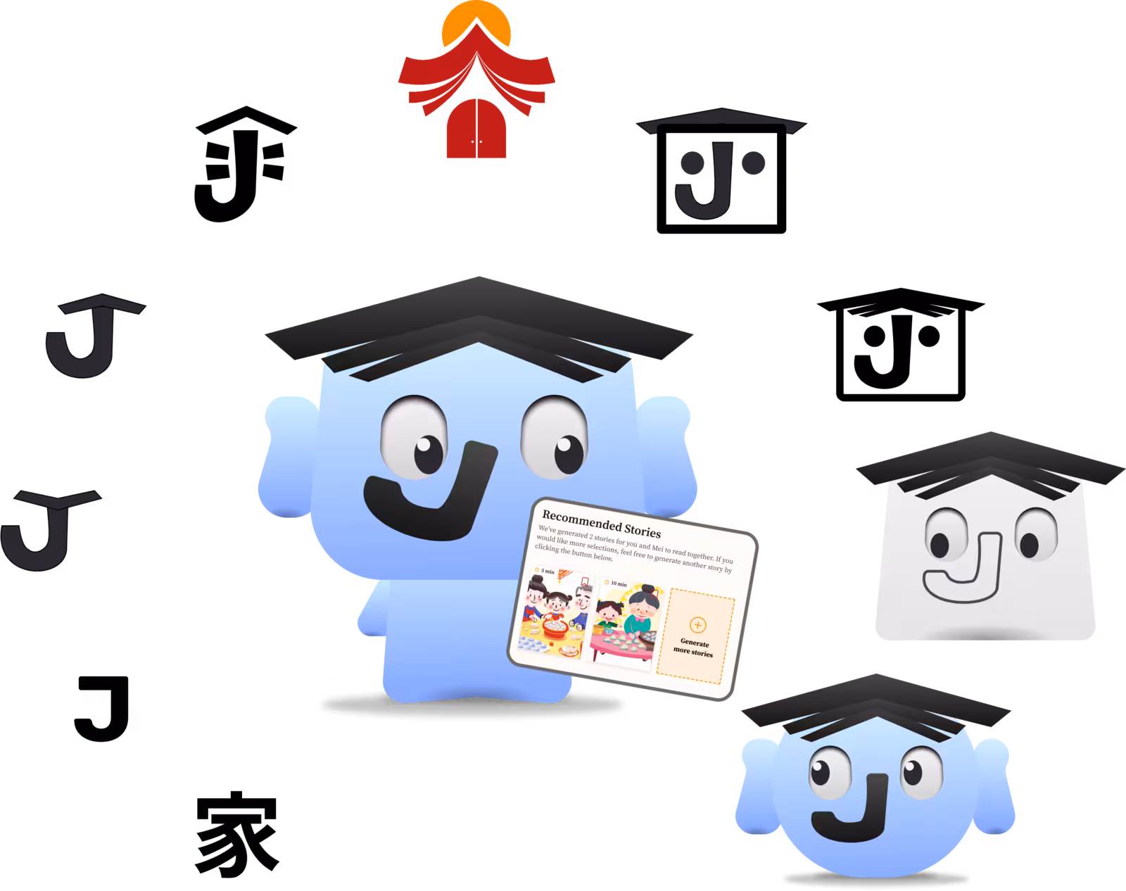 Elephant mascot explorations: the graduation-cap elephant holding a recommended-stories card, with smaller face and logo variants around it