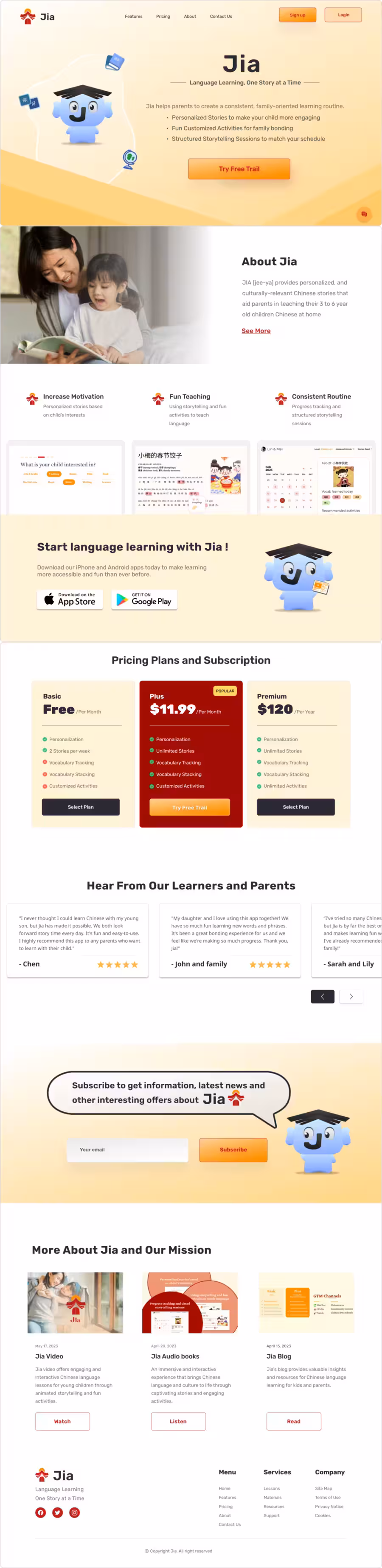 The full Jia marketing website, from the mascot hero down to the footer