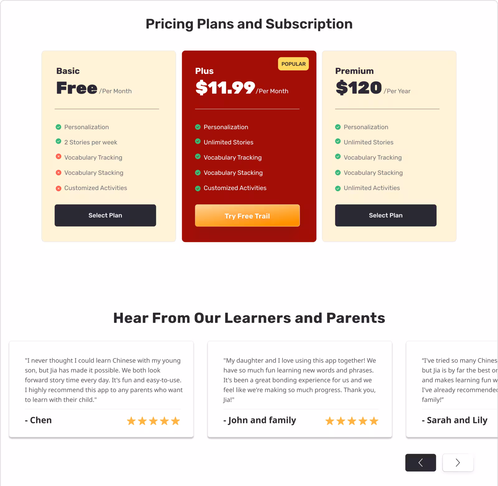 Jia pricing plans — Basic, Plus and Premium — above a row of parent testimonials
