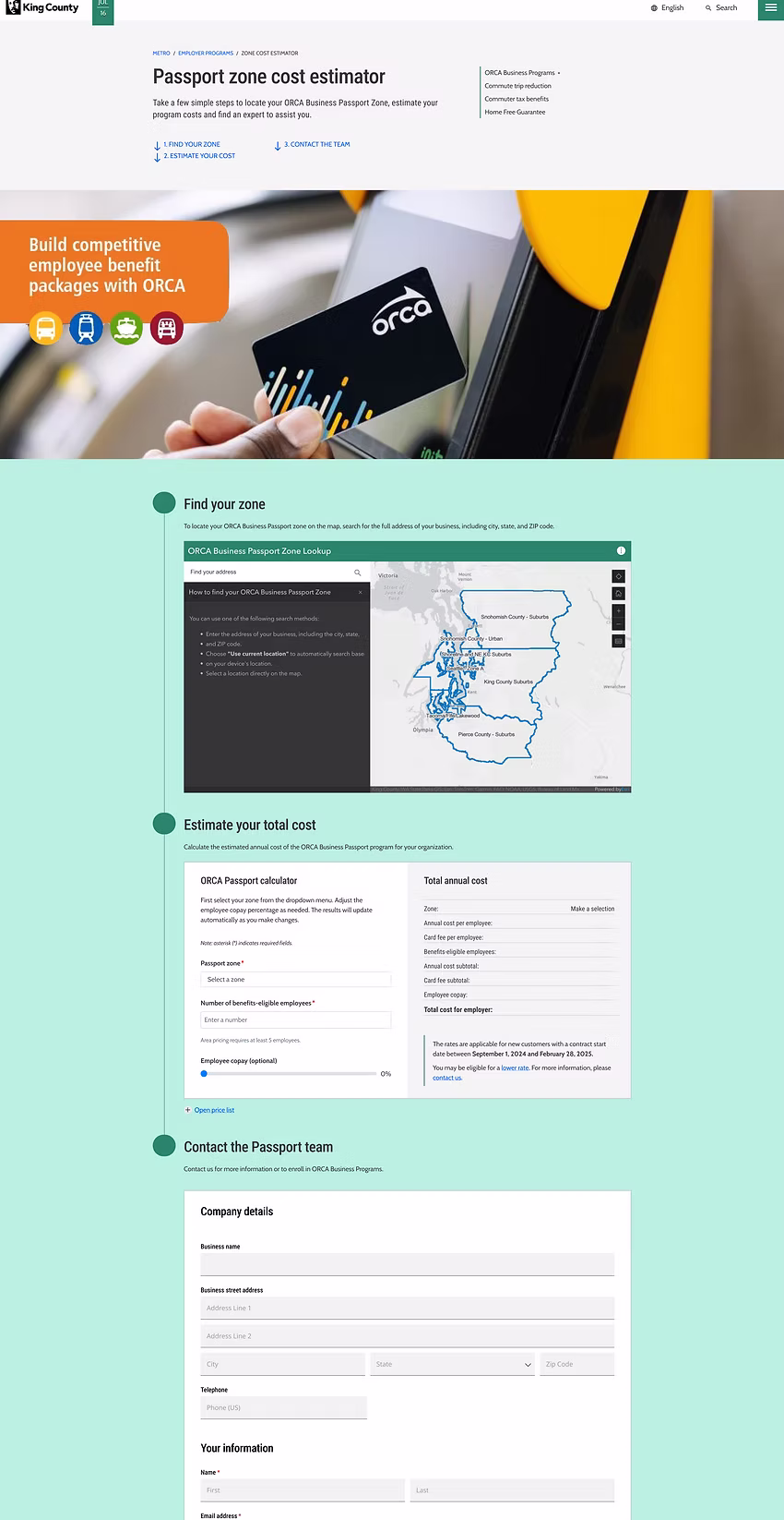 The full new Passport zone cost estimator page