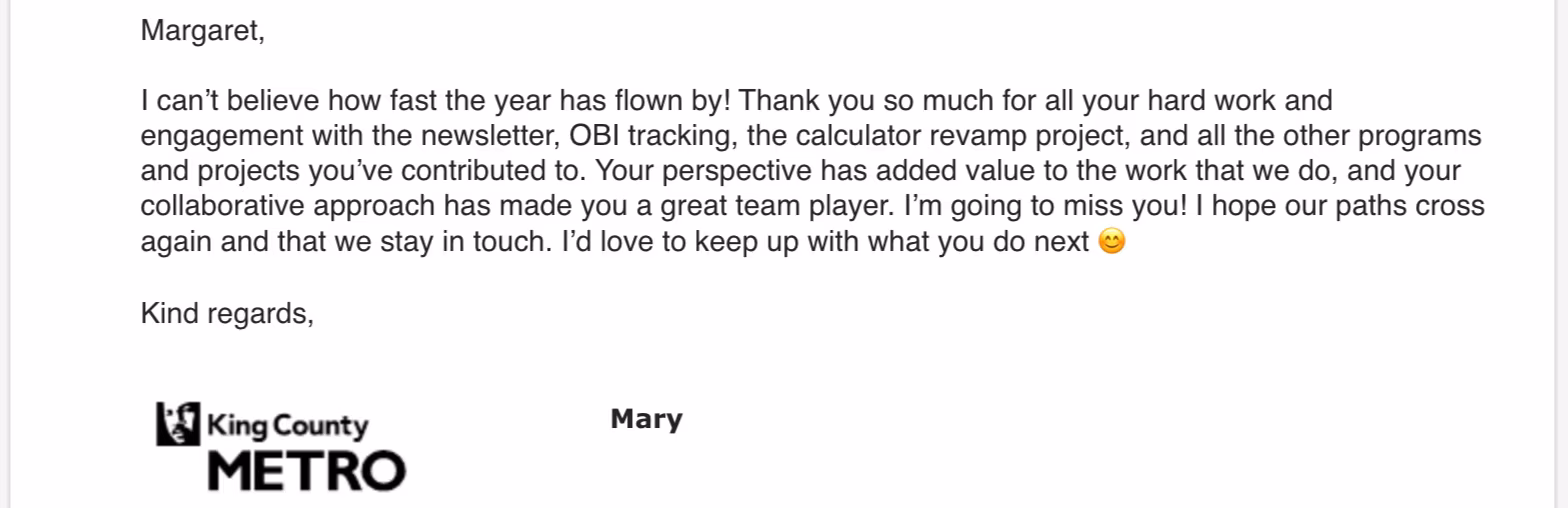 Thank-you note from Mary at King County Metro
