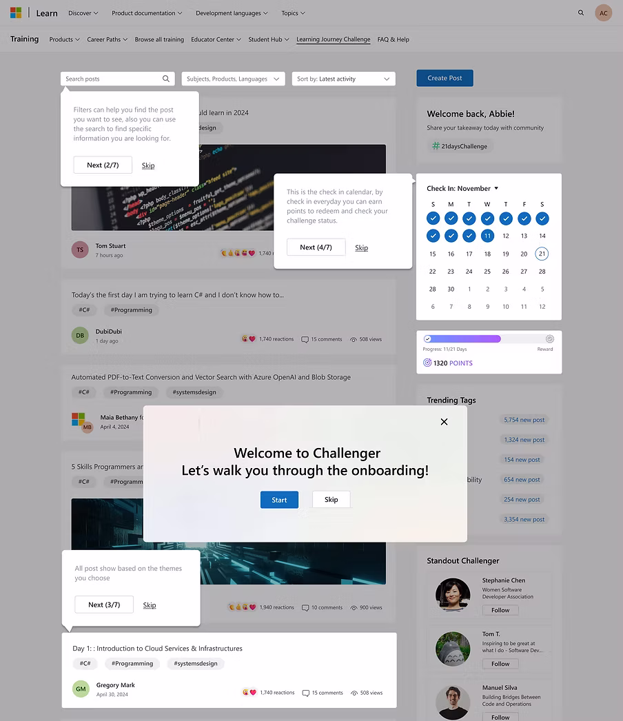 Community page with sorting, rewards and onboarding called out