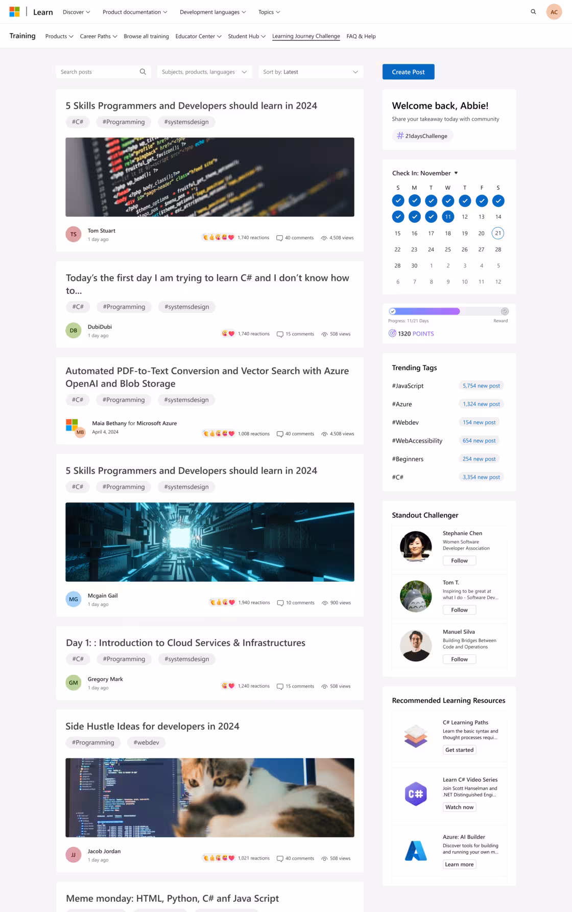 Community feed with sorting and the challenge sidebar