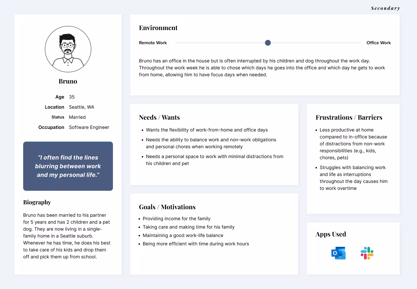 Secondary persona board for Bruno, 35, a software engineer who splits his week between home and the office