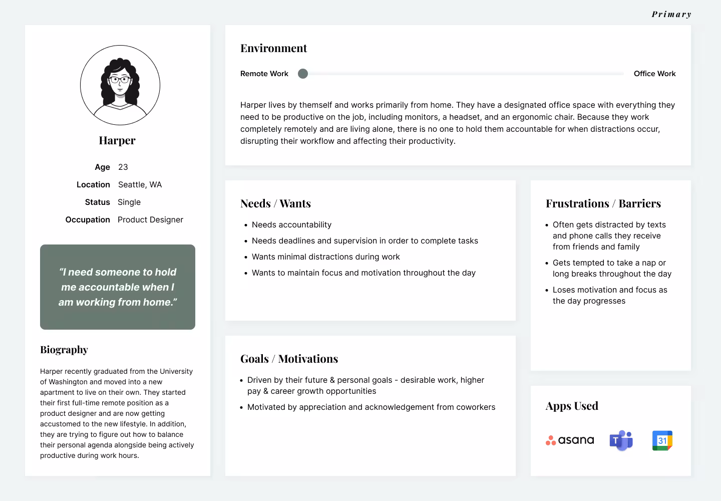 Primary persona board for Harper, 23, a product designer in Seattle who works fully remotely, with needs, goals, frustrations and apps used