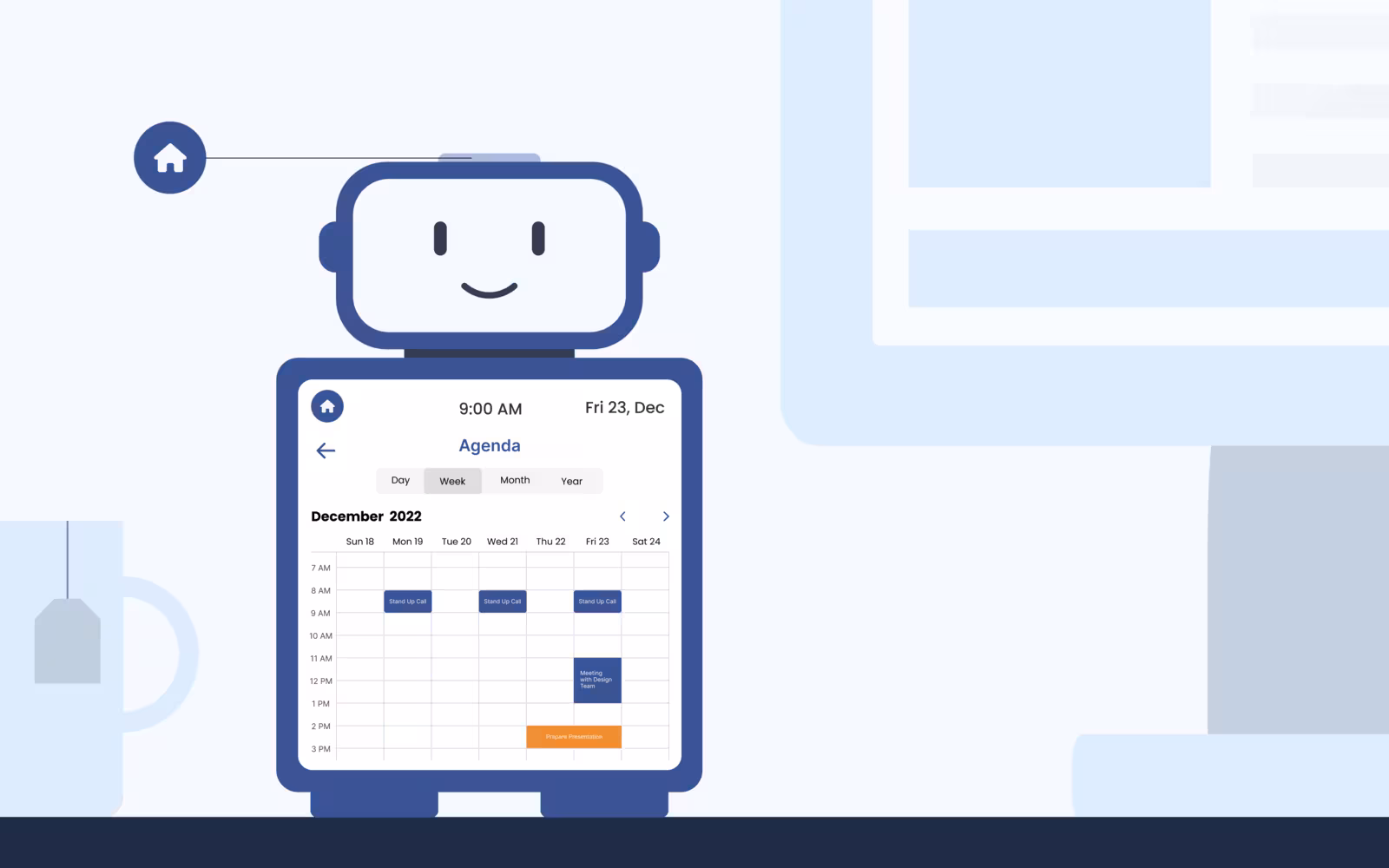 Robot screen showing a December 2022 week view of the agenda with meetings blocked out