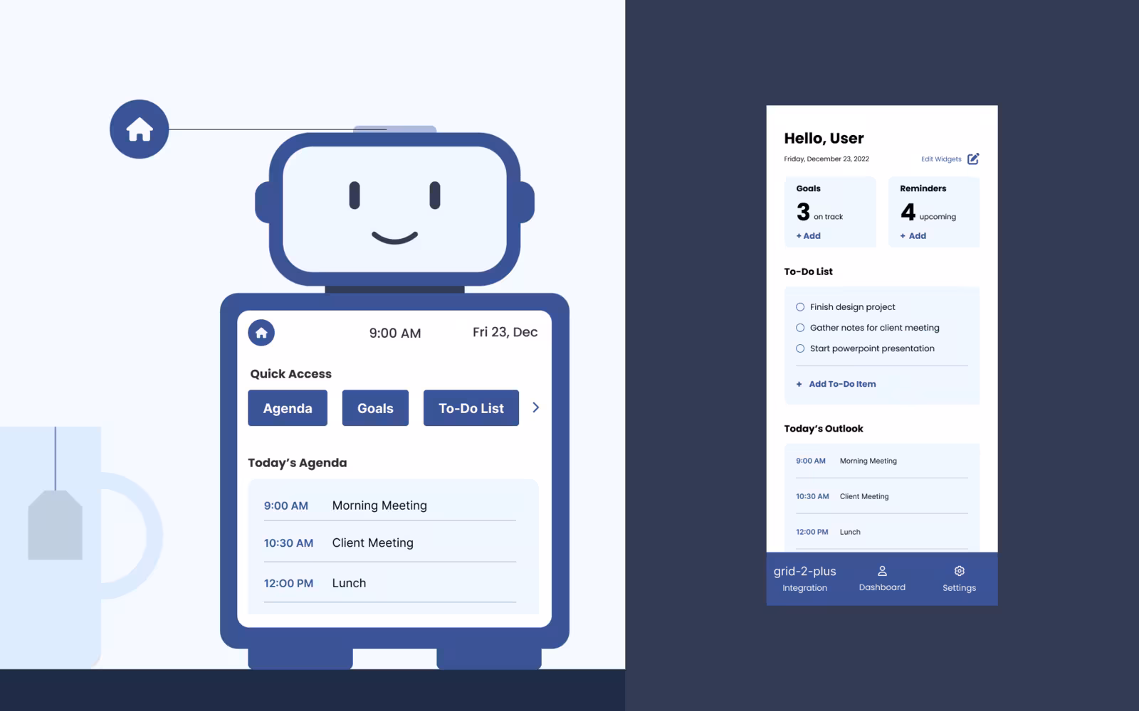 The robot's quick-access dashboard showing today's agenda, beside the phone app's “Hello, User” dashboard on a navy background