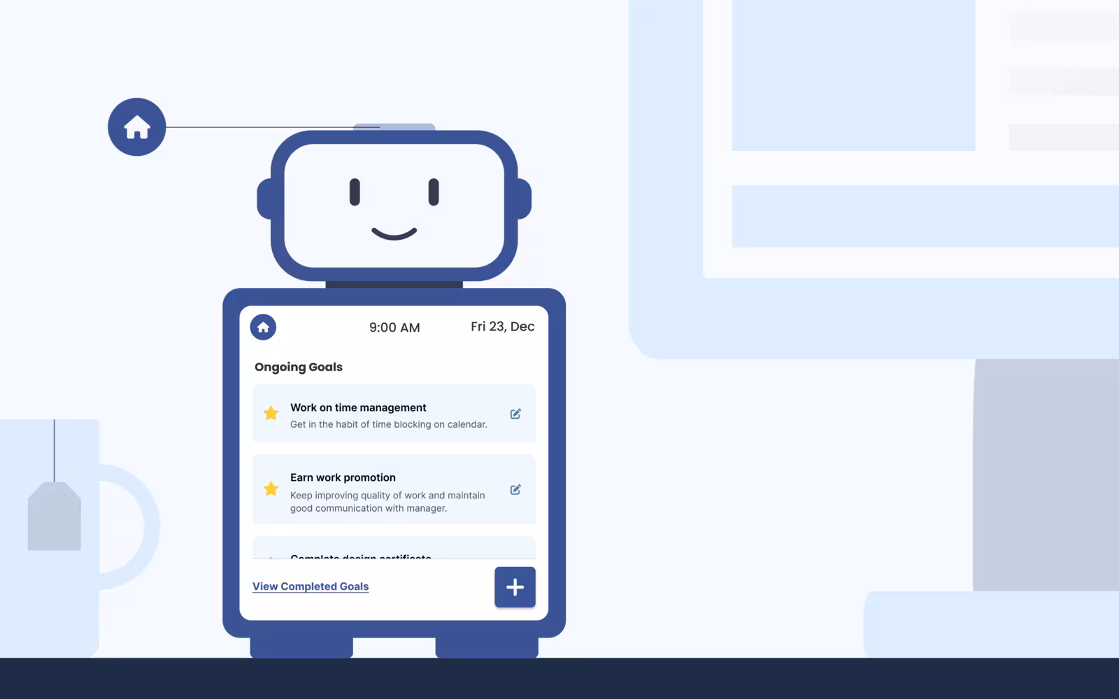 Robot screen listing ongoing goals such as “Work on time management” and “Earn work promotion”, with a link to completed goals
