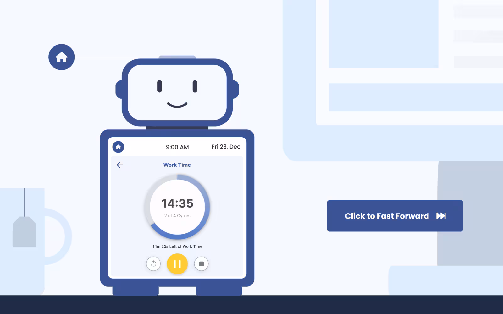 Robot screen showing a Pomodoro work timer at 14:35, cycle 2 of 4, with pause and stop controls